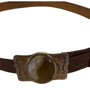 Vintage Handmade Tex Tan Leather‎ Belt Western Style Stone Buckle Brown Size 38